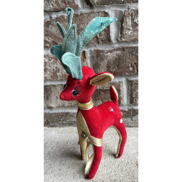 Set of 2 Vintage Fun Farm Christmas Red Velveteen 10" Reinder Plush Figurines - Picture 8 of 11